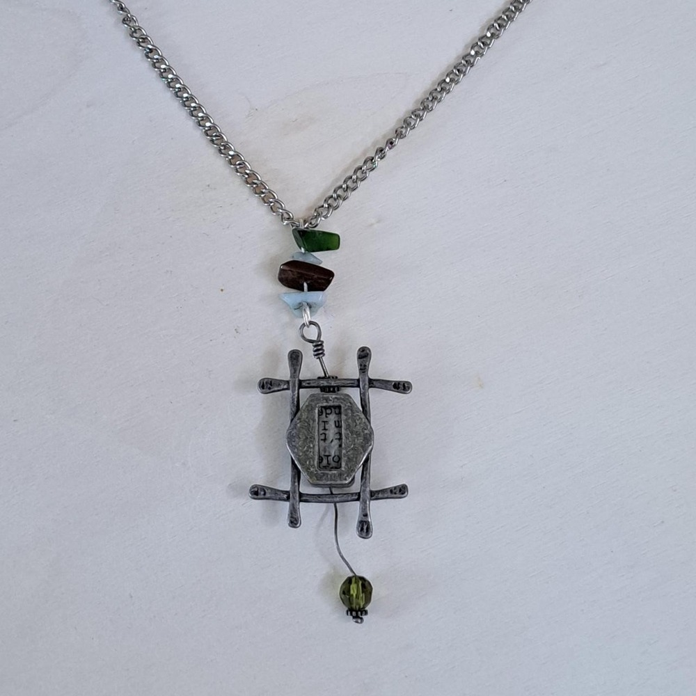 Boho Strength Mixed Media Pendant Necklace Stone Chips Silver Tone Artisan Style